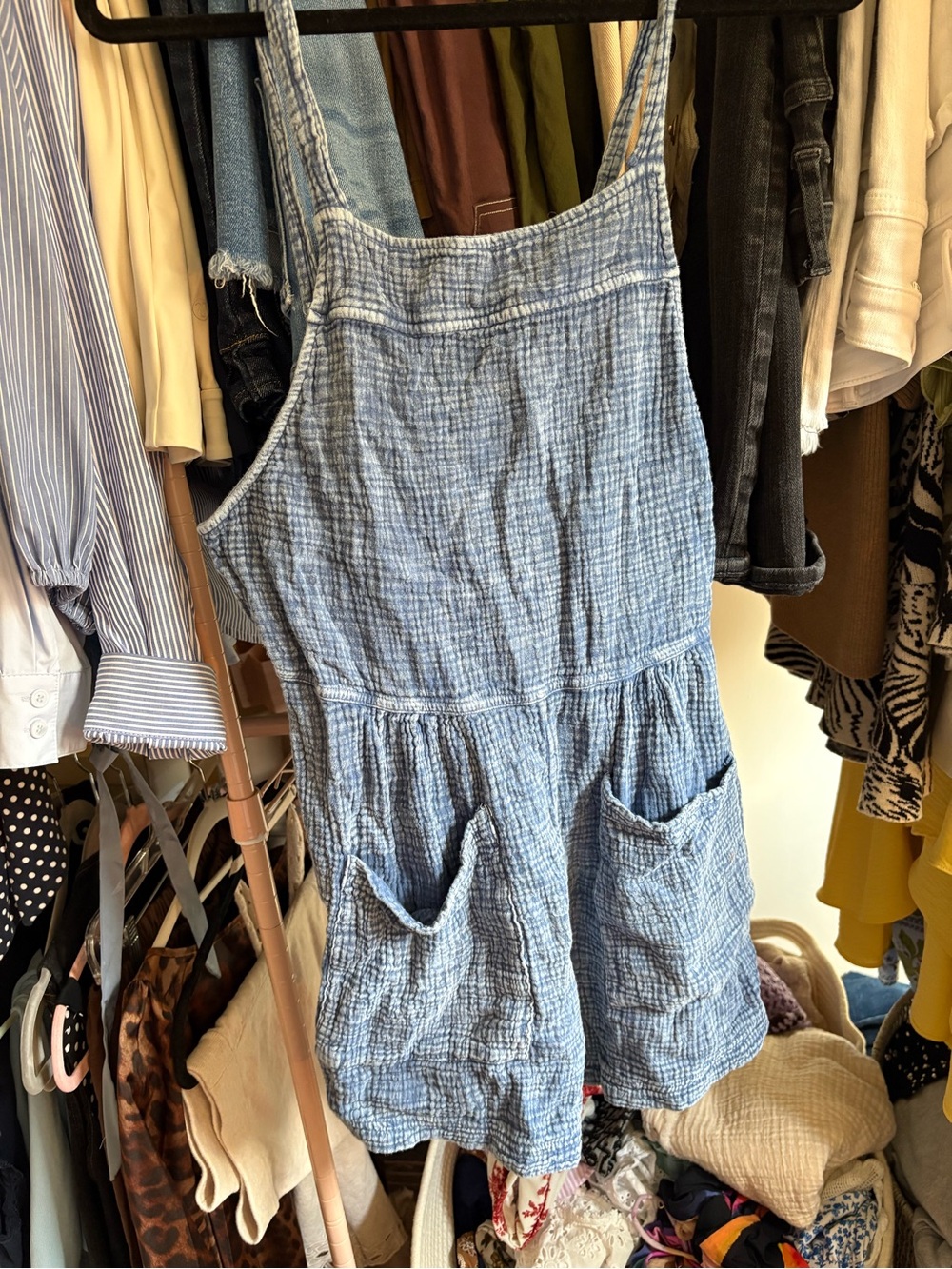Light Blue Gauze Pinafore Romper with Pockets